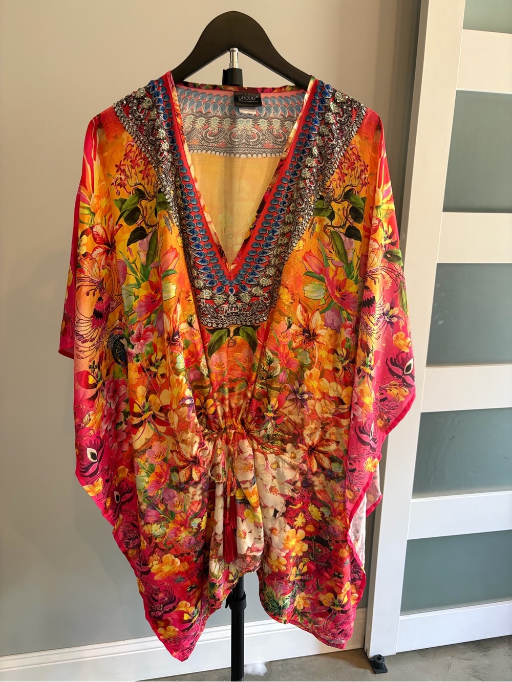Sakkas Vibrant Floral V-Neck Drawstring Tunic - Pink & Yellow